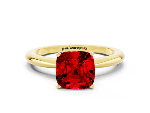 Yellow gold Cushion Cut Ruby Solitaire Ring with Six-Prong Setting and Classic Band