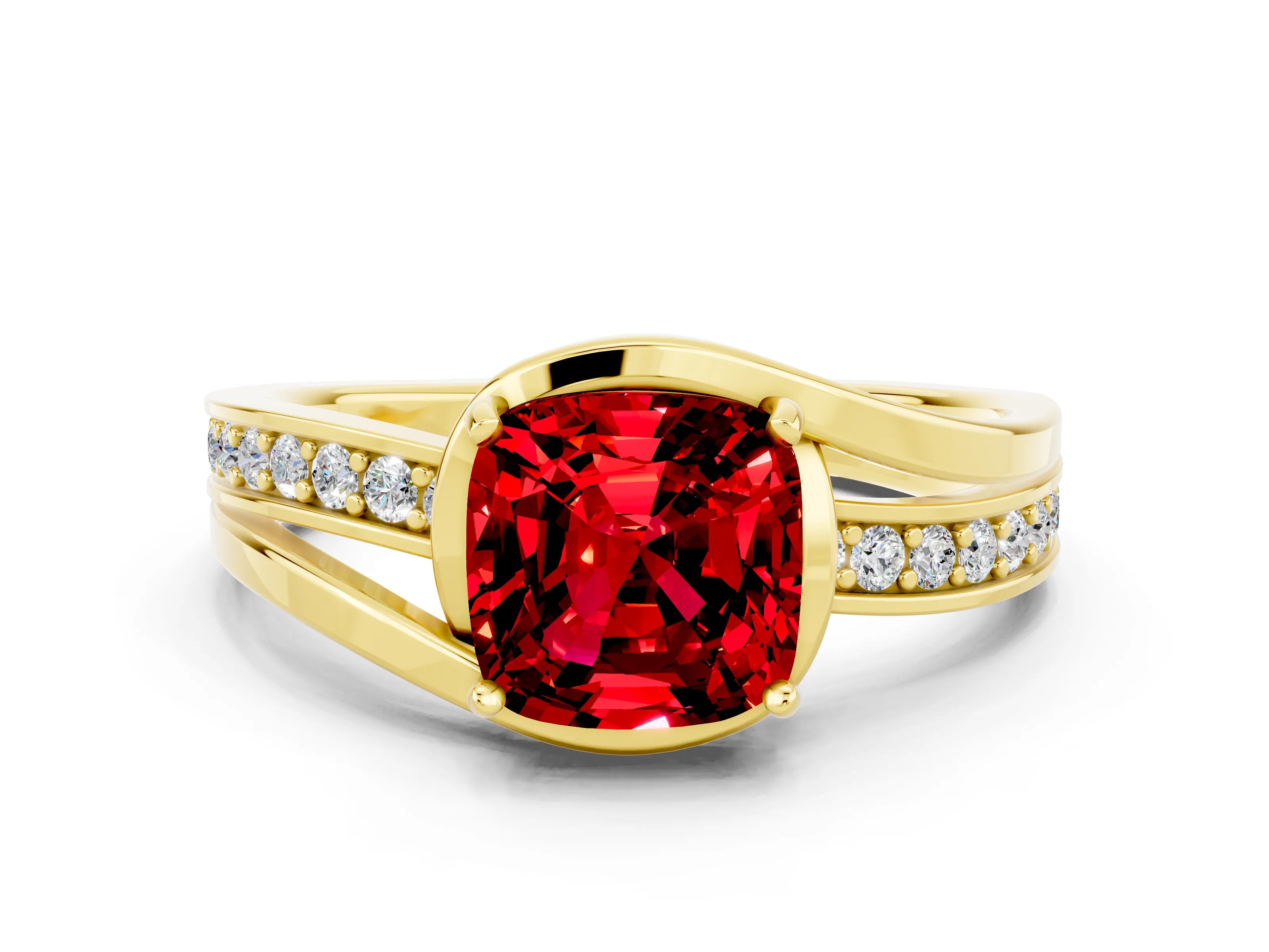 Yellow gold Cushion Cut Ruby Solitaire Ring with Split Shank and Prong Setting