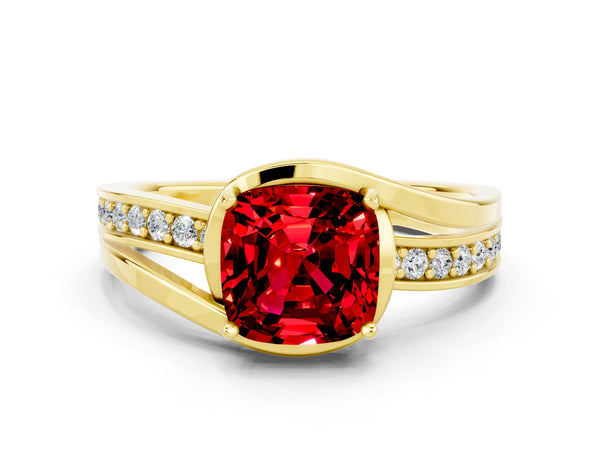 Yellow gold Cushion Cut Ruby Solitaire Ring with Split Shank and Prong Setting