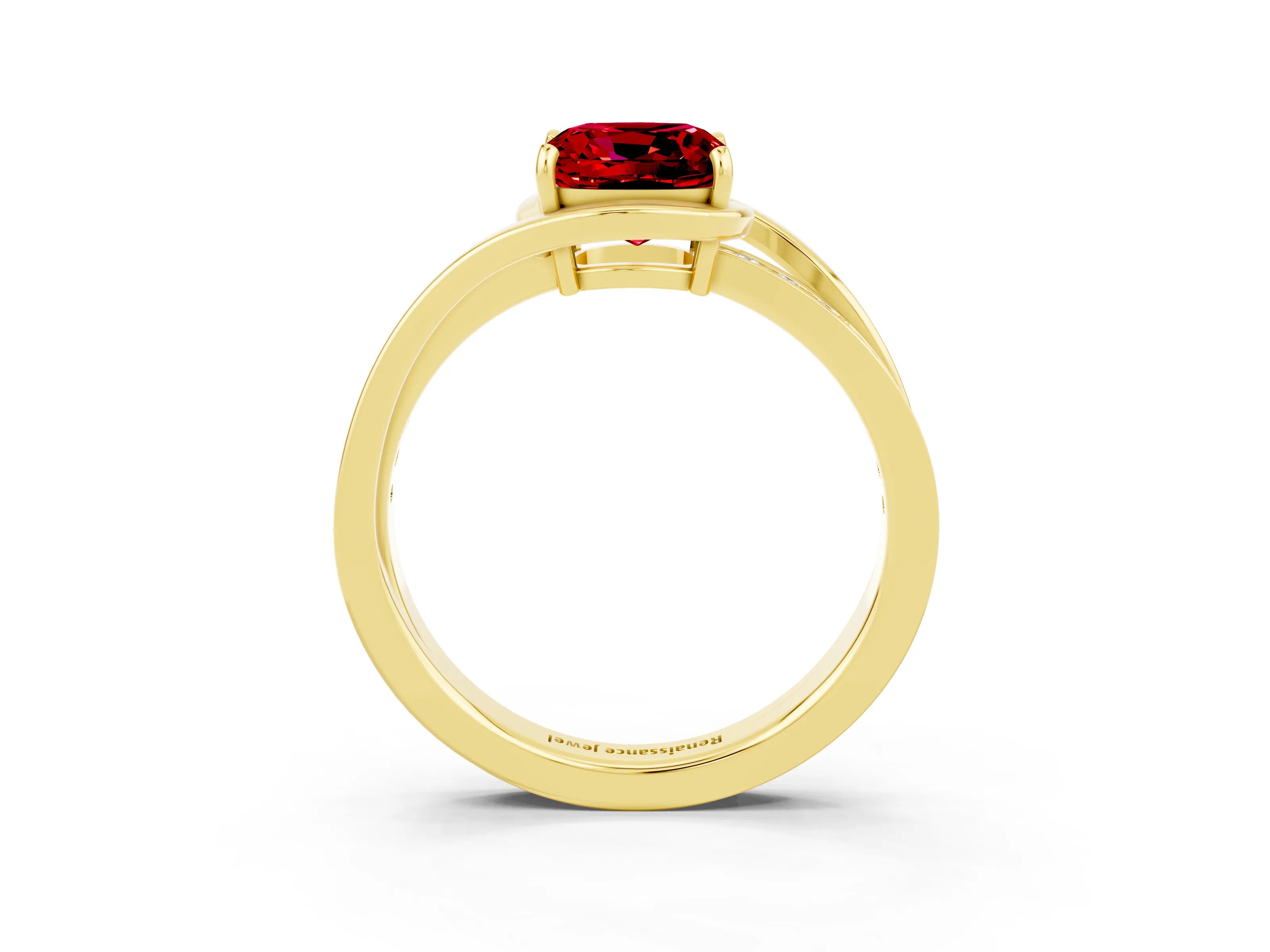 Yellow gold Cushion Cut Ruby Solitaire Ring with Split Shank and Prong Setting_3