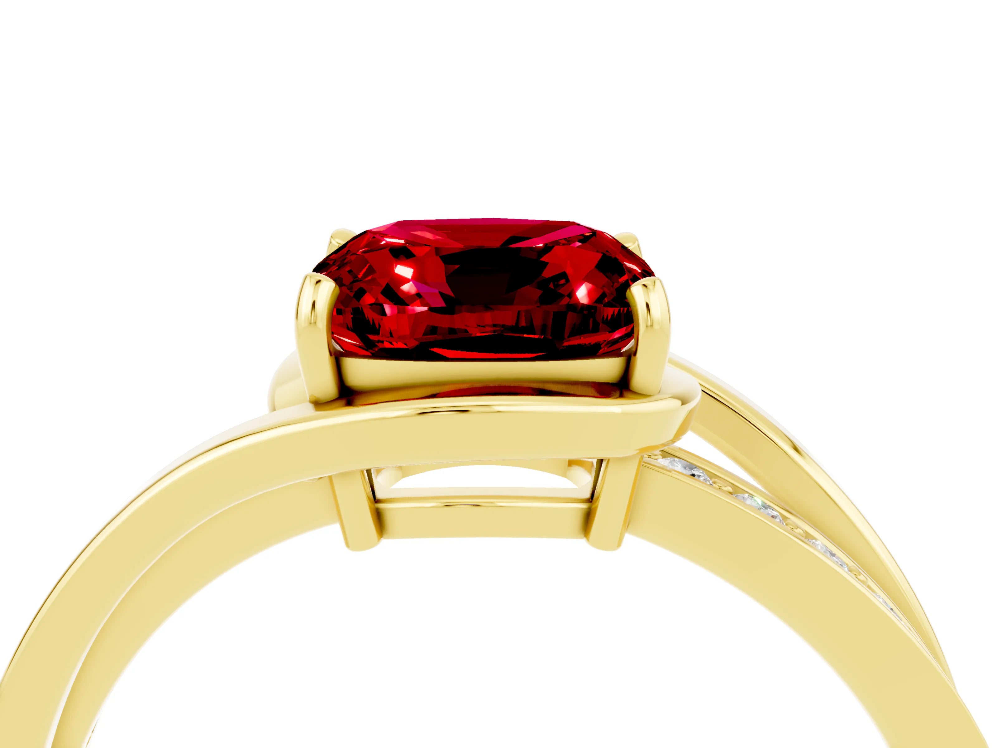 Yellow gold Cushion Cut Ruby Solitaire Ring with Split Shank and Prong Setting_4