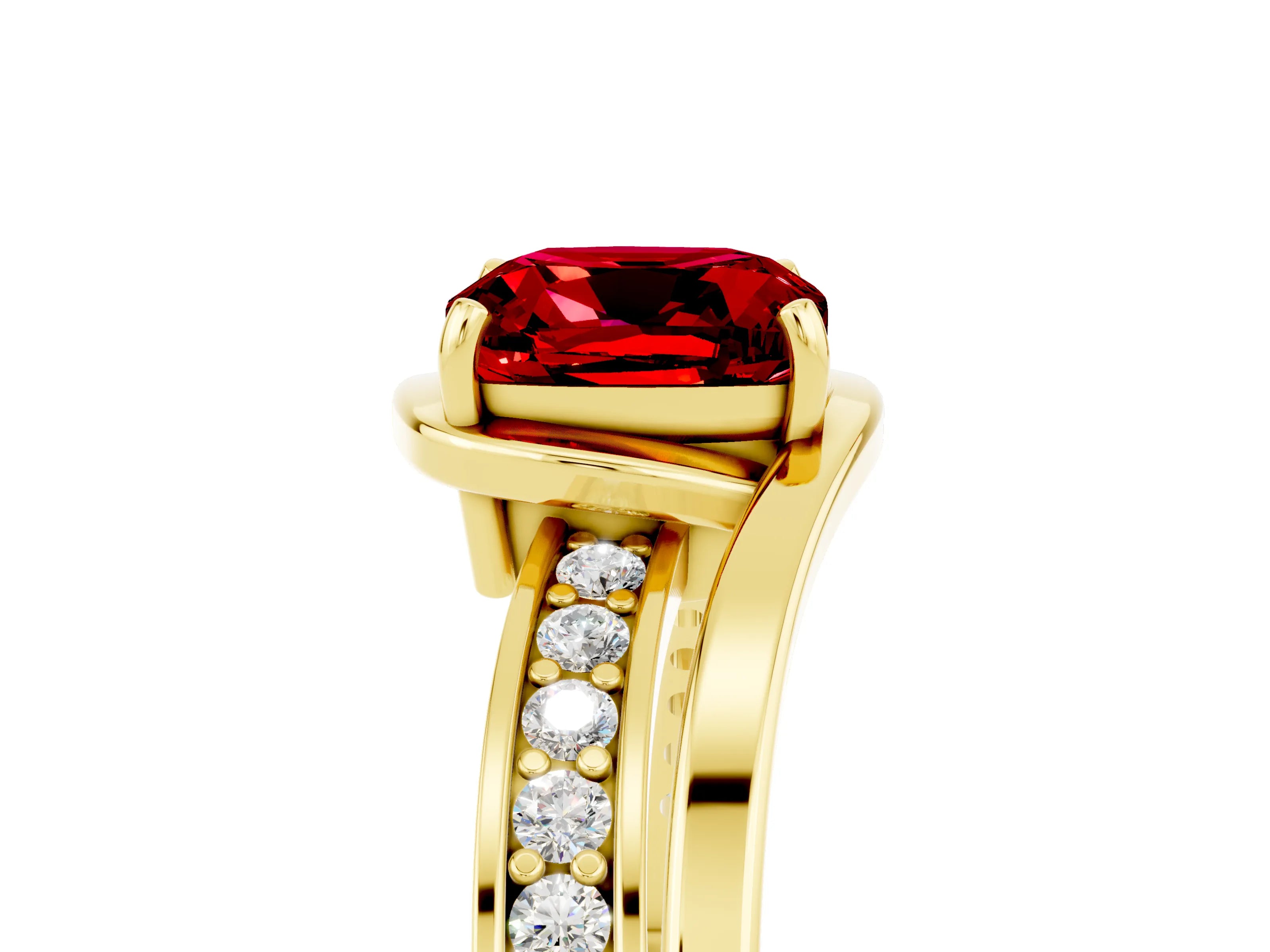 Yellow gold Cushion Cut Ruby Solitaire Ring with Split Shank and Prong Setting_5