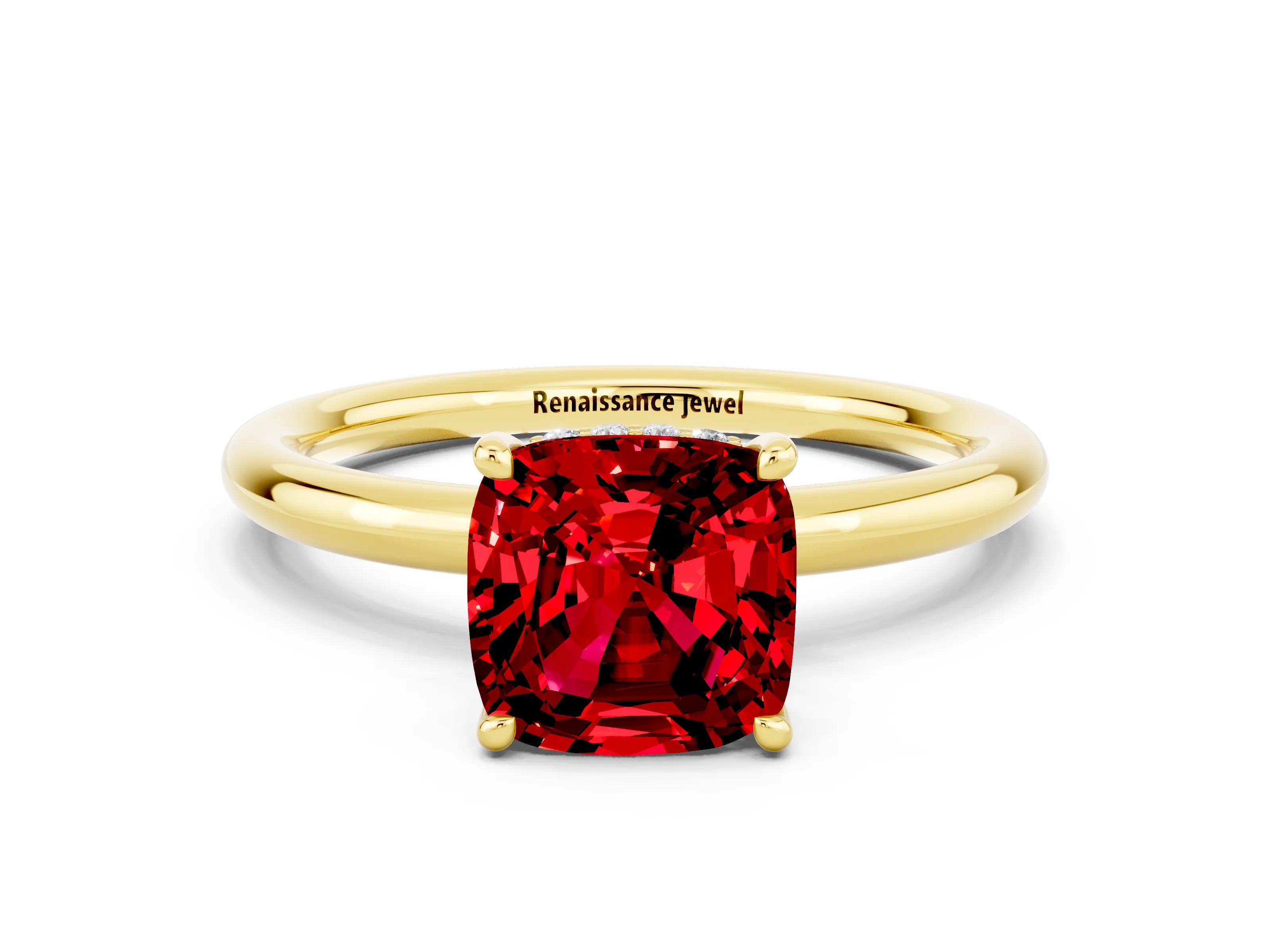 Yellow gold Cushion Cut Ruby Solitaire Ring with Thin Band and Four-Prong Setting