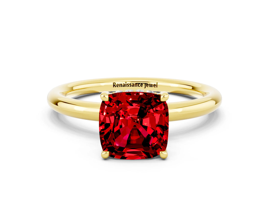 Yellow gold Cushion Cut Ruby Solitaire Ring with Thin Band and Four-Prong Setting