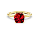 Yellow gold Cushion Cut Ruby Solitaire Ring with Thin Band and Four-Prong Setting