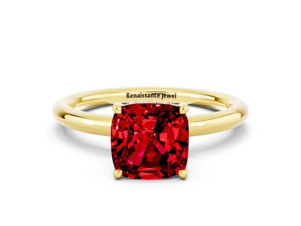 Yellow gold Cushion Cut Ruby Solitaire Ring with Thin Band and Four-Prong Setting