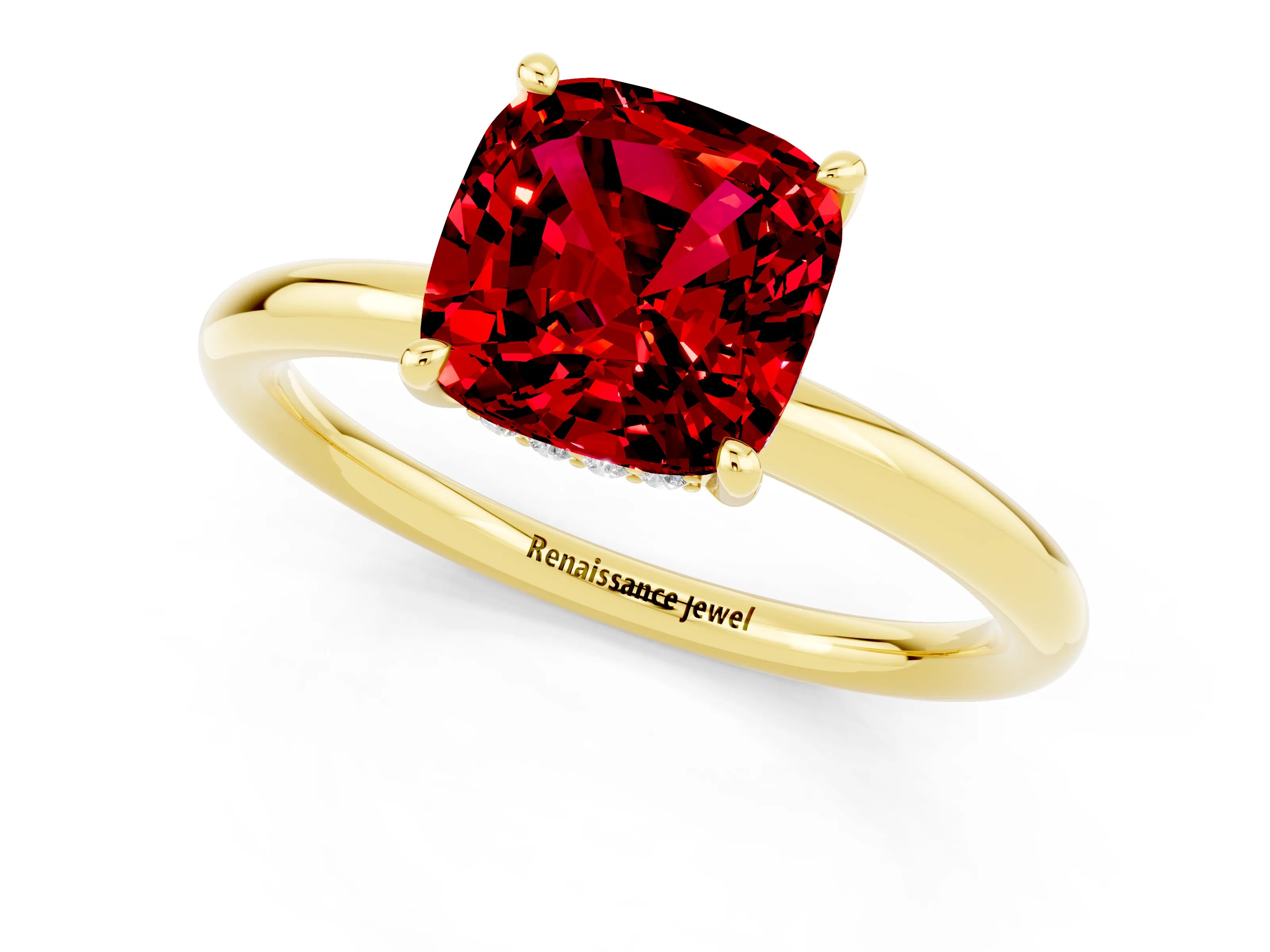 Yellow gold Cushion Cut Ruby Solitaire Ring with Thin Band and Four-Prong Setting_1