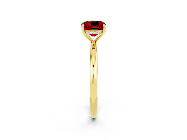 Yellow gold Cushion Cut Ruby Solitaire Ring with Thin Band and Four-Prong Setting