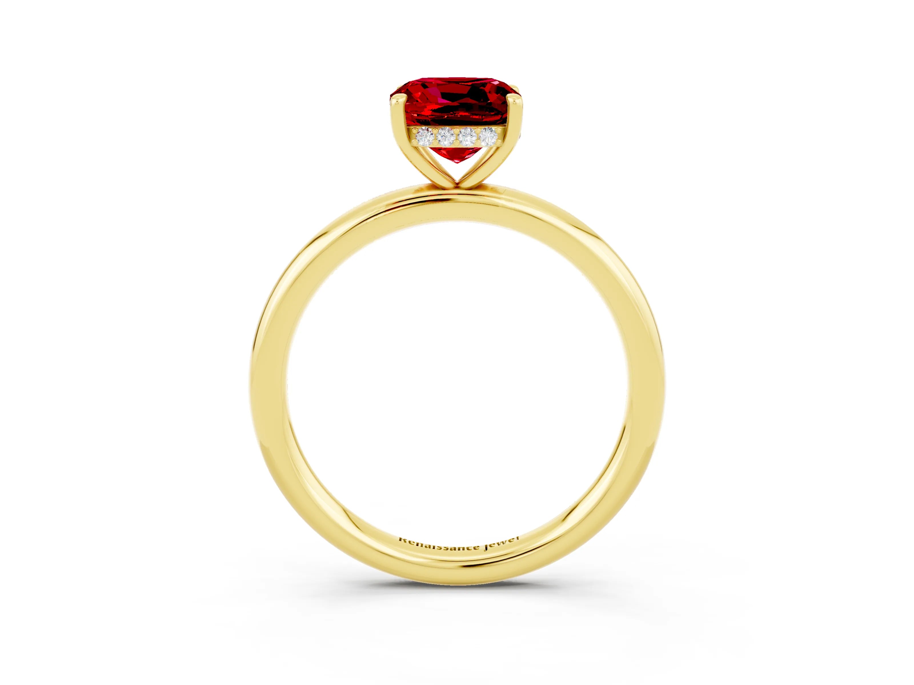 Yellow gold Cushion Cut Ruby Solitaire Ring with Thin Band and Four-Prong Setting_3