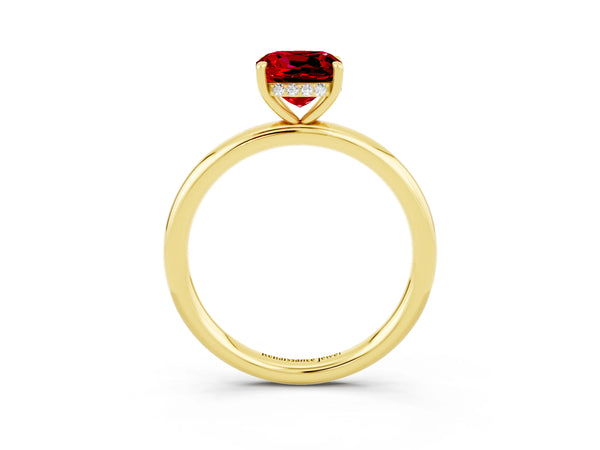 Yellow gold Cushion Cut Ruby Solitaire Ring with Thin Band and Four-Prong Setting
