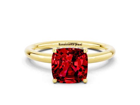 Yellow gold Cushion Cut Ruby Solitaire Ring with Thin Band and Four-Prong Setting