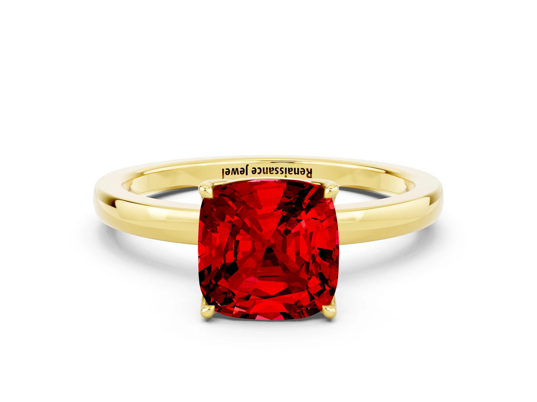 Yellow gold Cushion Cut Ruby Solitaire Ring with Thin Band and Prong Setting_24