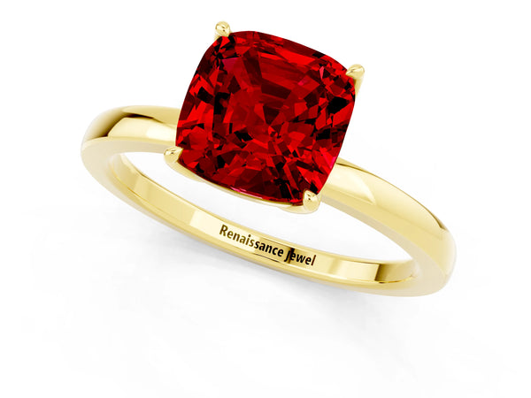 Yellow gold Cushion Cut Ruby Solitaire Ring with Thin Band and Prong Setting