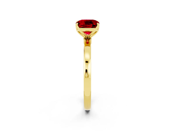 Yellow gold Cushion Cut Ruby Solitaire Ring with Thin Band and Prong Setting