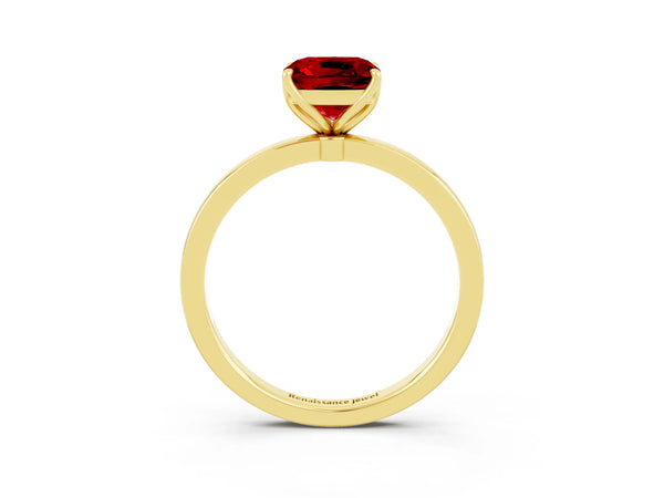 Yellow gold Cushion Cut Ruby Solitaire Ring with Thin Band and Prong Setting