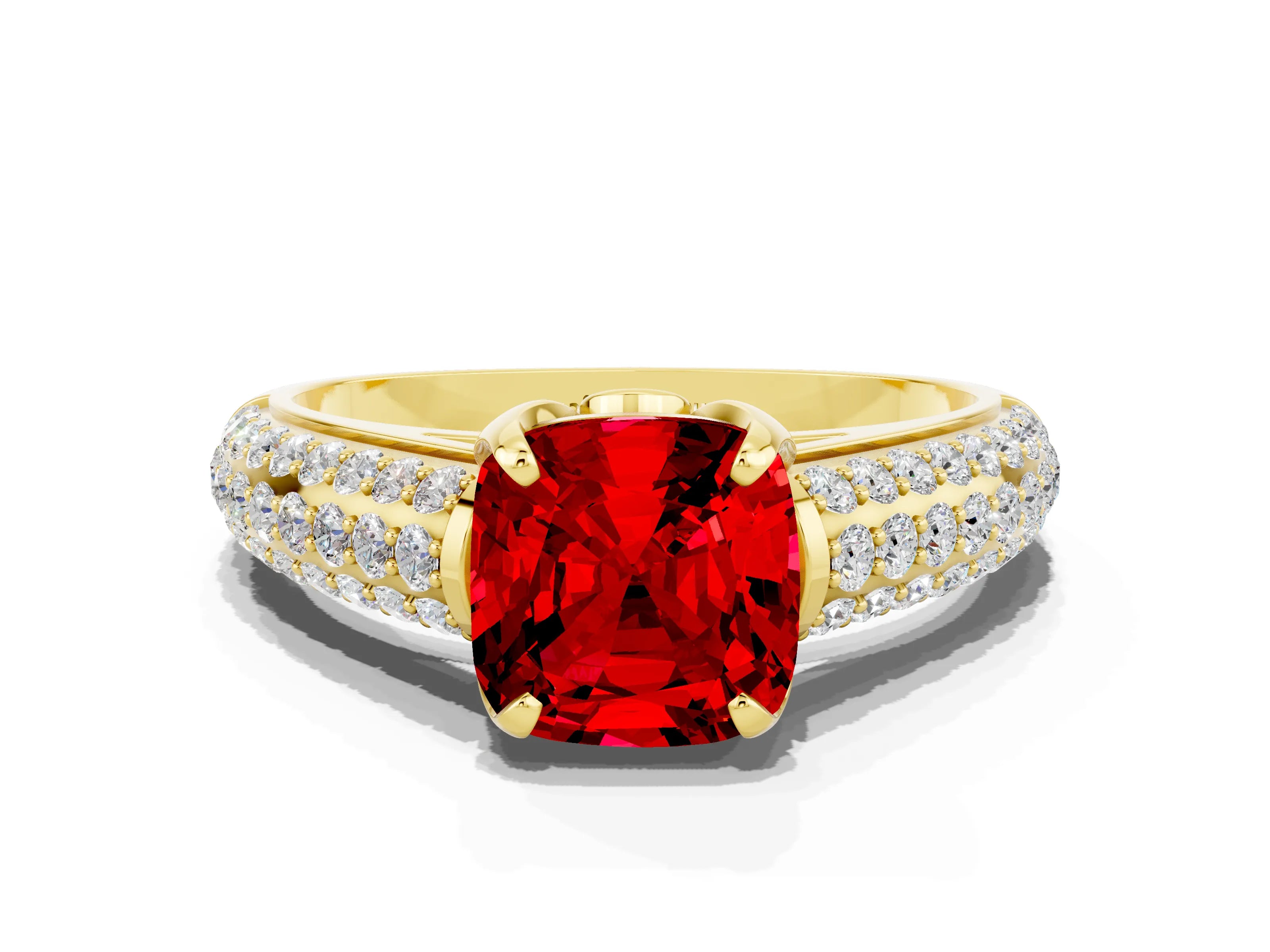 Yellow gold Cushion Cut Ruby Solitaire Ring with Three-Row Pavé Band and Four-Prong Setting_12