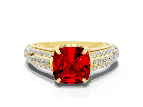 Yellow gold Cushion Cut Ruby Solitaire Ring with Three-Row Pavé Band and Four-Prong Setting