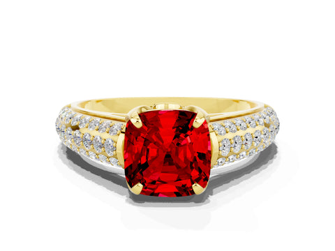 Yellow gold Cushion Cut Ruby Solitaire Ring with Three-Row Pavé Band and Four-Prong Setting_12