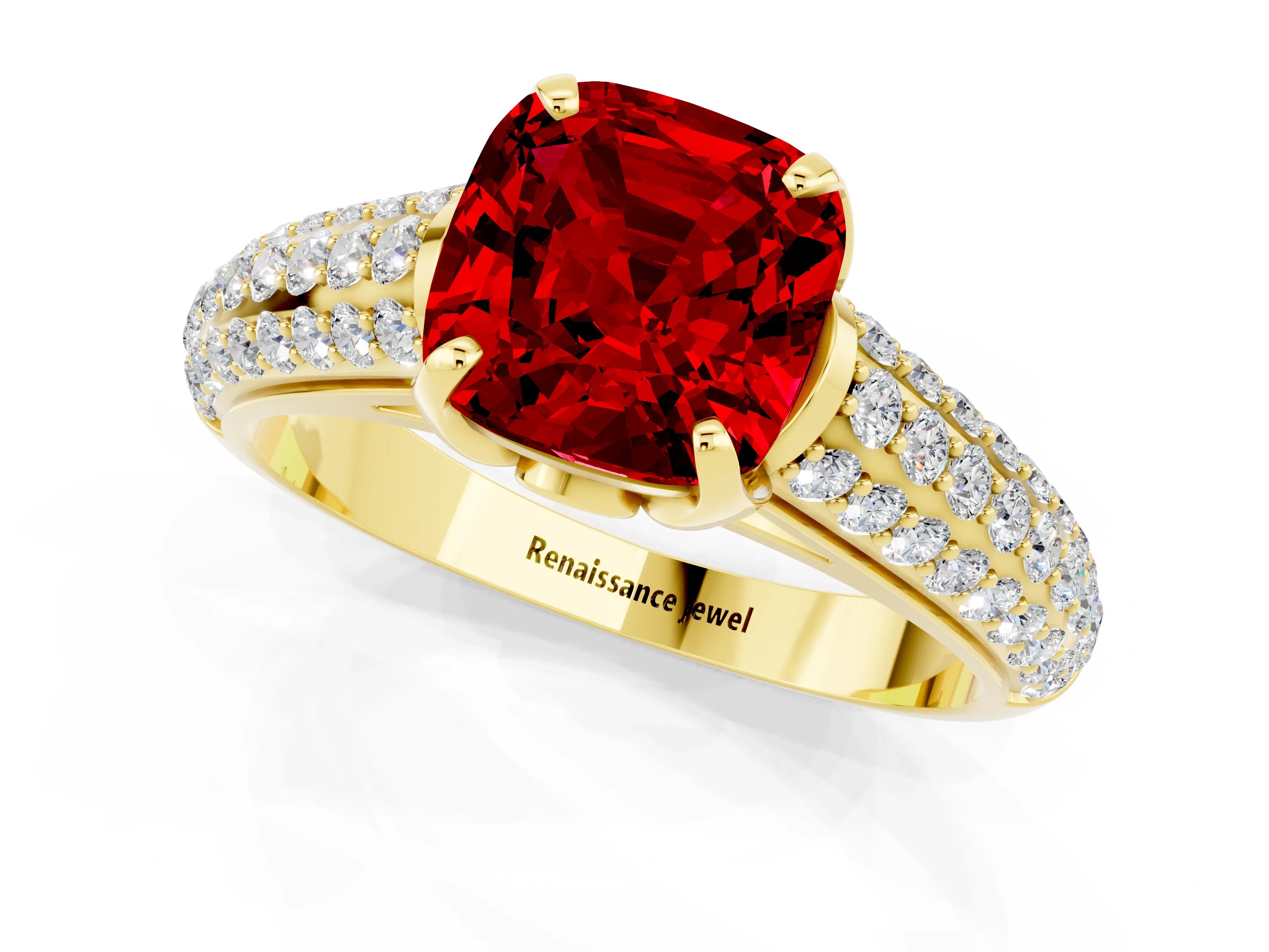 Yellow gold Cushion Cut Ruby Solitaire Ring with Three-Row Pavé Band and Four-Prong Setting_13