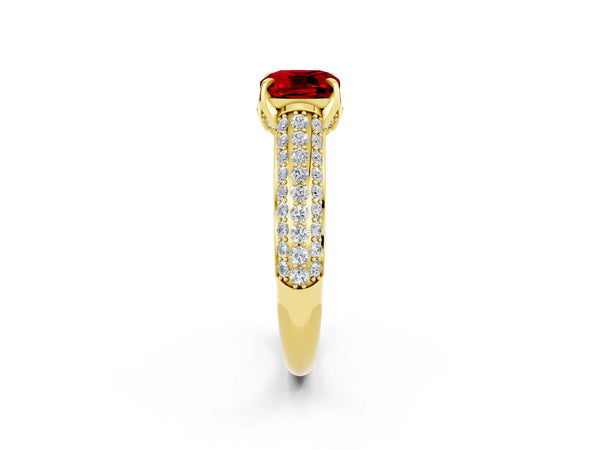 Yellow gold Cushion Cut Ruby Solitaire Ring with Three-Row Pavé Band and Four-Prong Setting