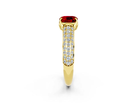 Yellow gold Cushion Cut Ruby Solitaire Ring with Three-Row Pavé Band and Four-Prong Setting_14