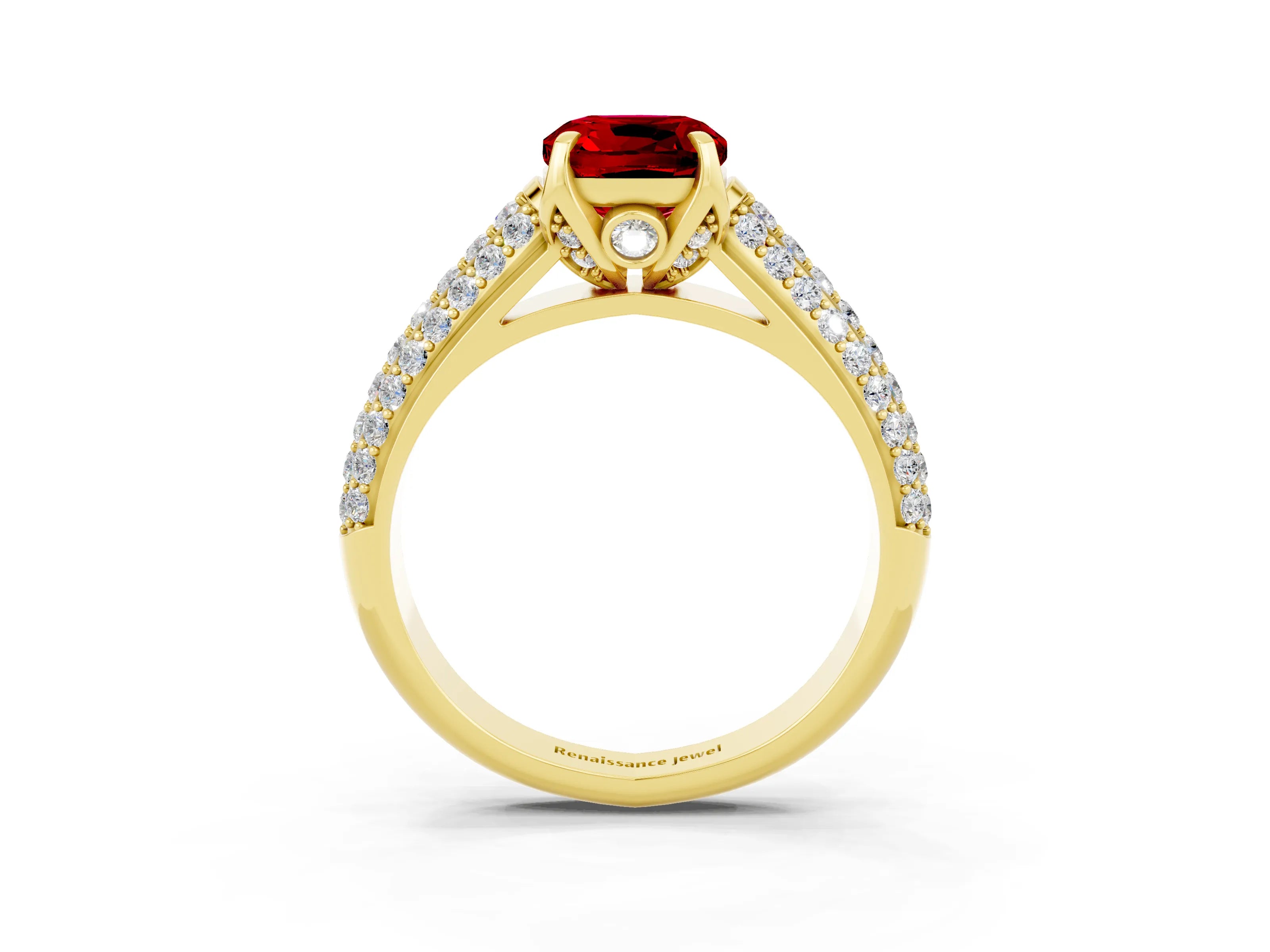 Yellow gold Cushion Cut Ruby Solitaire Ring with Three-Row Pavé Band and Four-Prong Setting_15