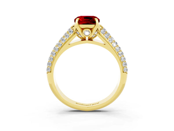 Yellow gold Cushion Cut Ruby Solitaire Ring with Three-Row Pavé Band and Four-Prong Setting