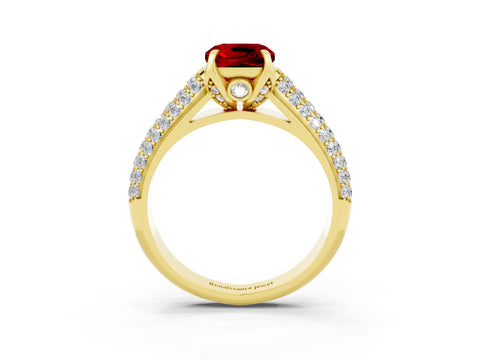 Yellow gold Cushion Cut Ruby Solitaire Ring with Three-Row Pavé Band and Four-Prong Setting_15