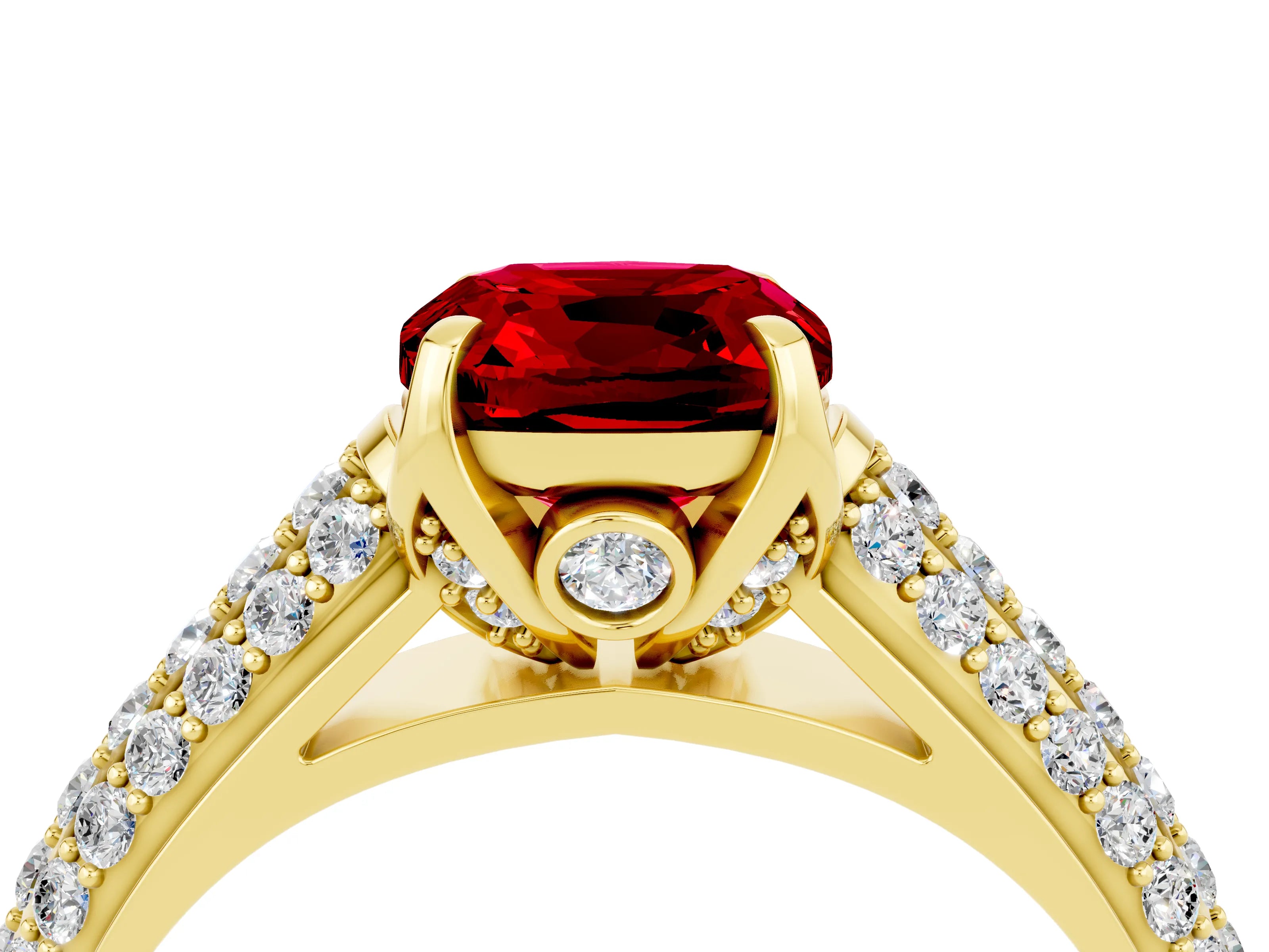 Yellow gold Cushion Cut Ruby Solitaire Ring with Three-Row Pavé Band and Four-Prong Setting_16