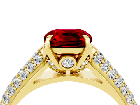 Yellow gold Cushion Cut Ruby Solitaire Ring with Three-Row Pavé Band and Four-Prong Setting_16