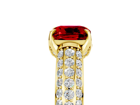 Yellow gold Cushion Cut Ruby Solitaire Ring with Three-Row Pavé Band and Four-Prong Setting_17