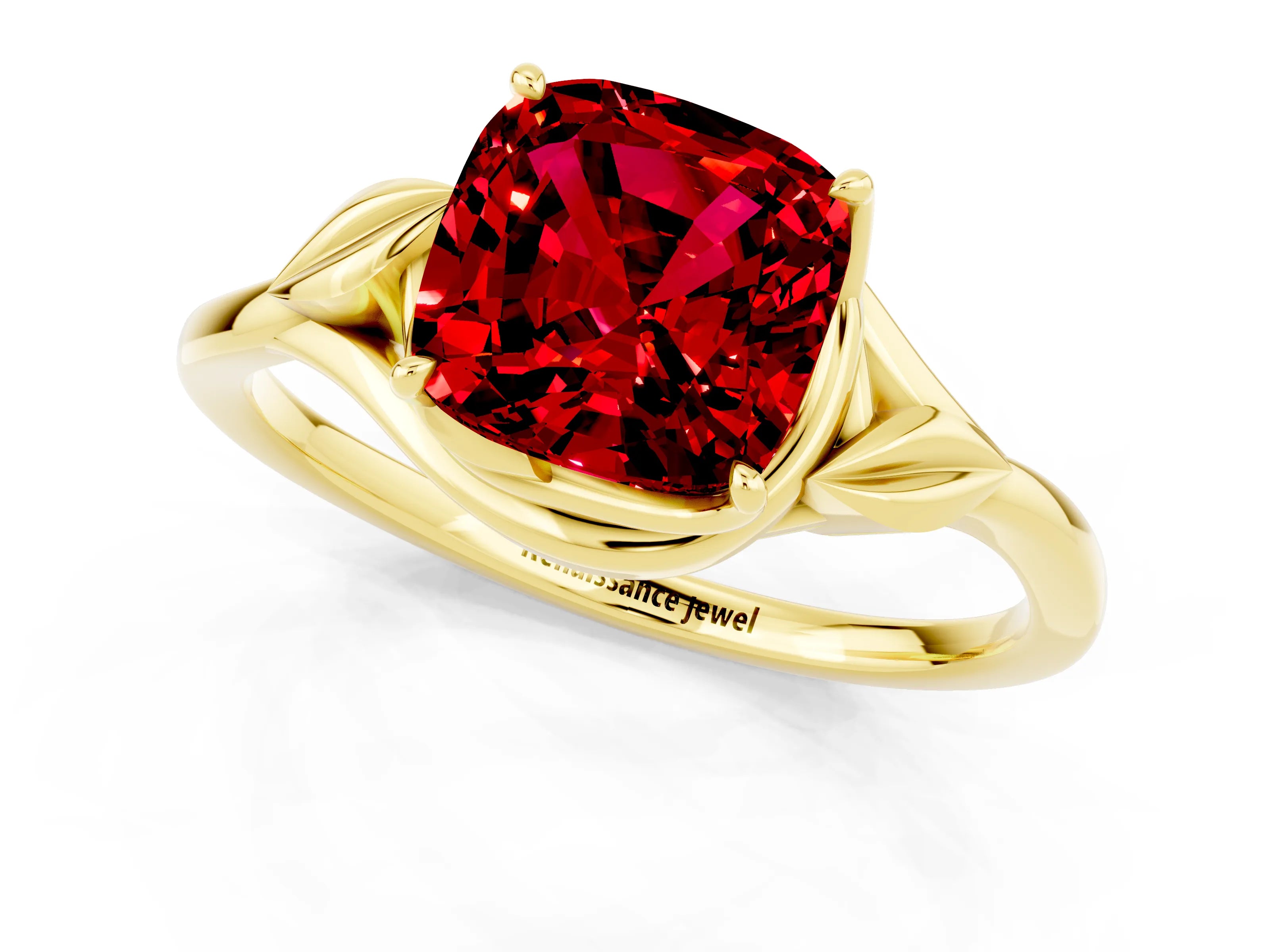 Yellow gold Cushion Cut Ruby Solitaire Ring with Twist Band and Four-Prong Setting_25