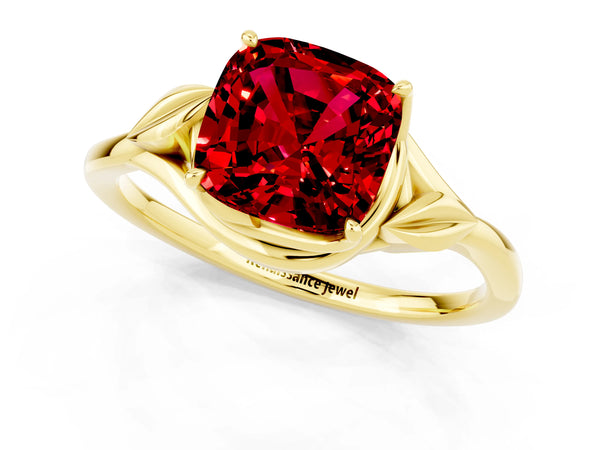 Yellow gold Cushion Cut Ruby Solitaire Ring with Twist Band and Four-Prong Setting