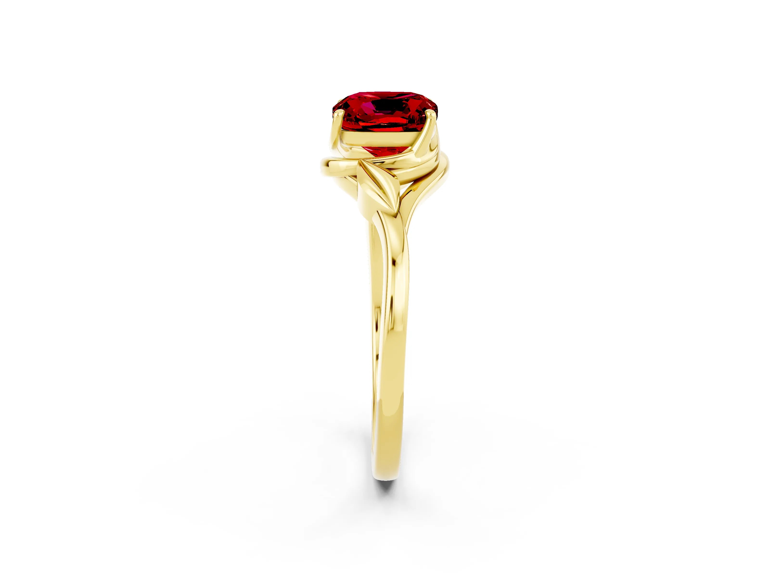 Yellow gold Cushion Cut Ruby Solitaire Ring with Twist Band and Four-Prong Setting_26