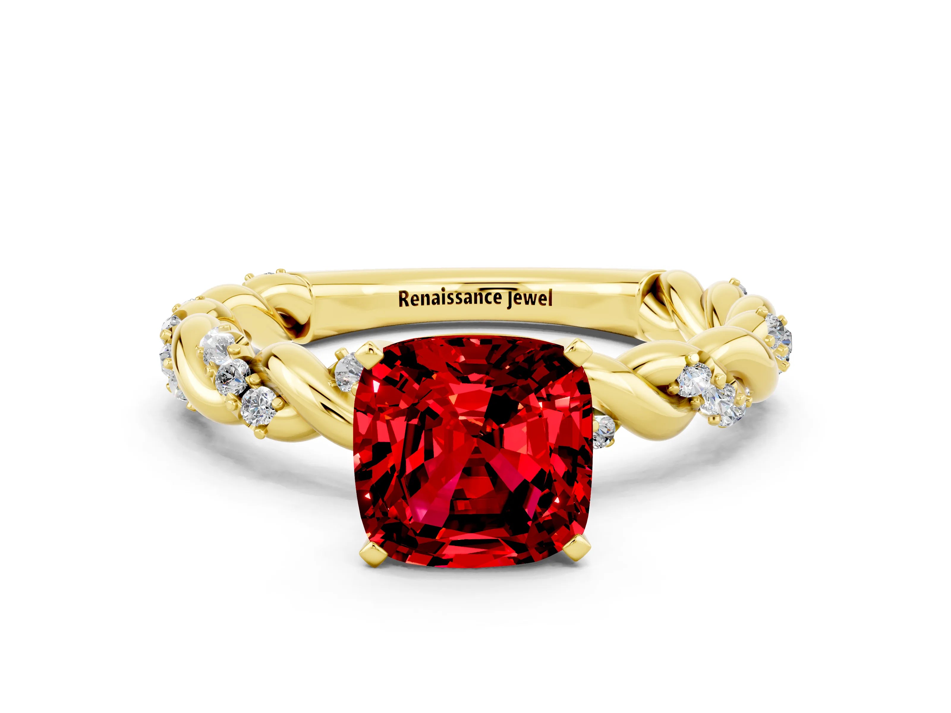 Yellow gold Cushion Cut Ruby Solitaire Ring with Twisted Band and Pavé Accents