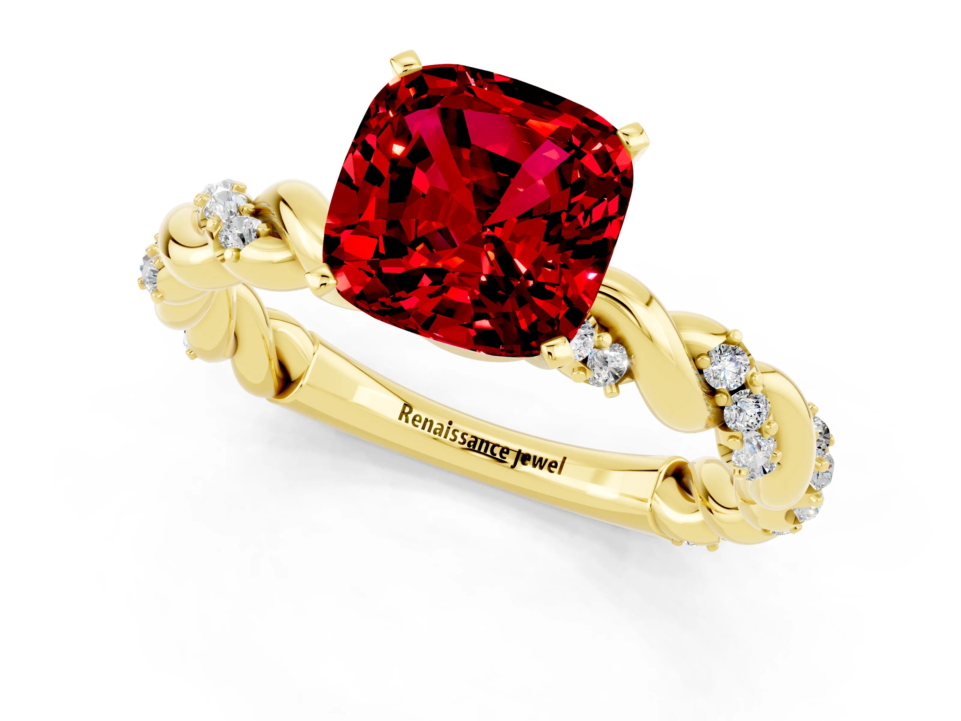 Yellow gold Cushion Cut Ruby Solitaire Ring with Twisted Band and Pavé Accents_1