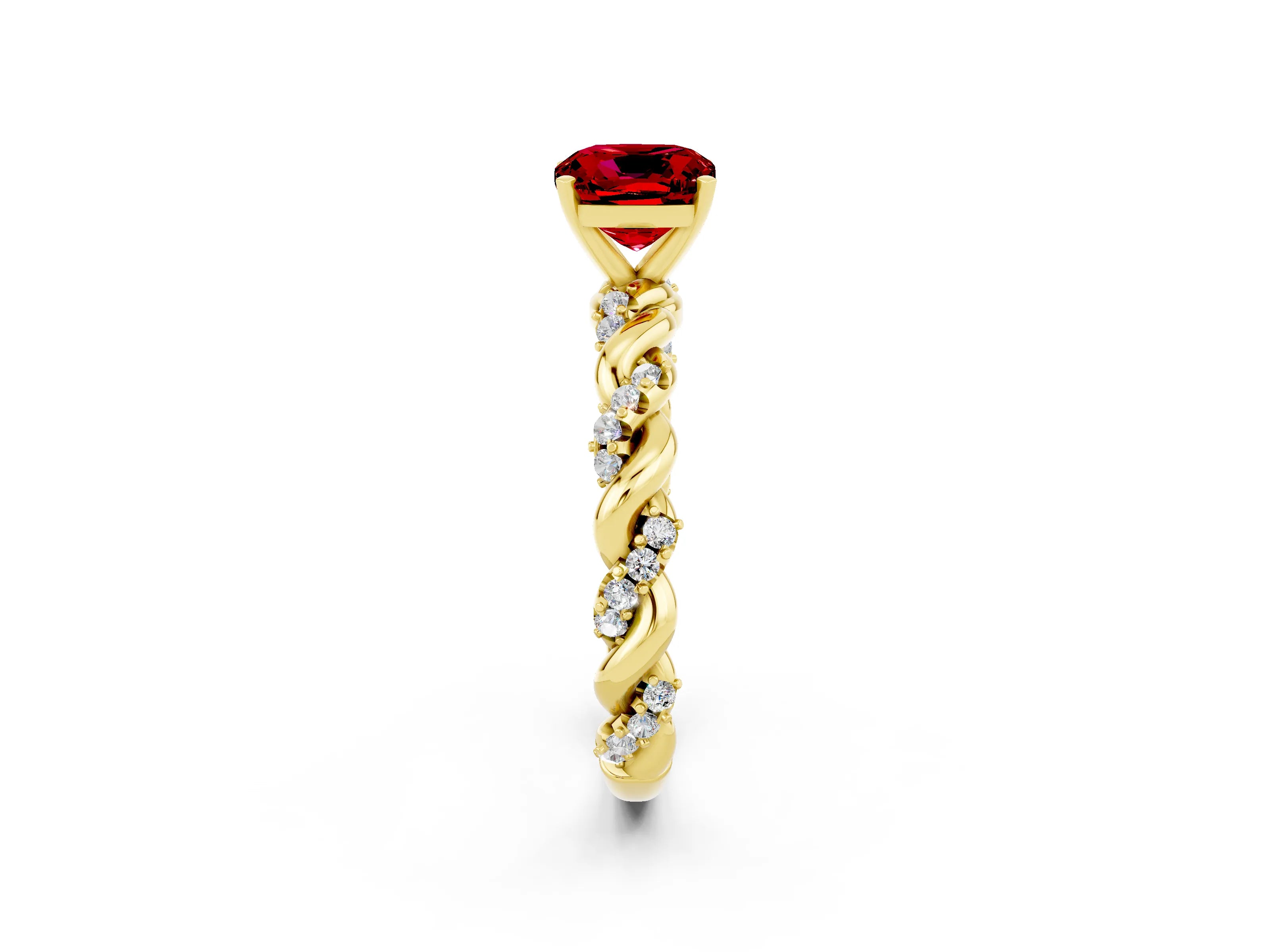 Yellow gold Cushion Cut Ruby Solitaire Ring with Twisted Band and Pavé Accents_2