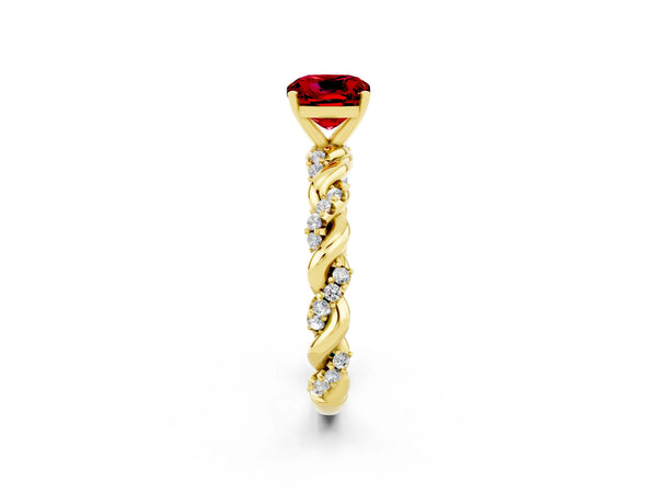 Yellow gold Cushion Cut Ruby Solitaire Ring with Twisted Band and Pavé Accents
