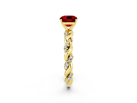 Yellow gold Cushion Cut Ruby Solitaire Ring with Twisted Band and Pavé Accents_2