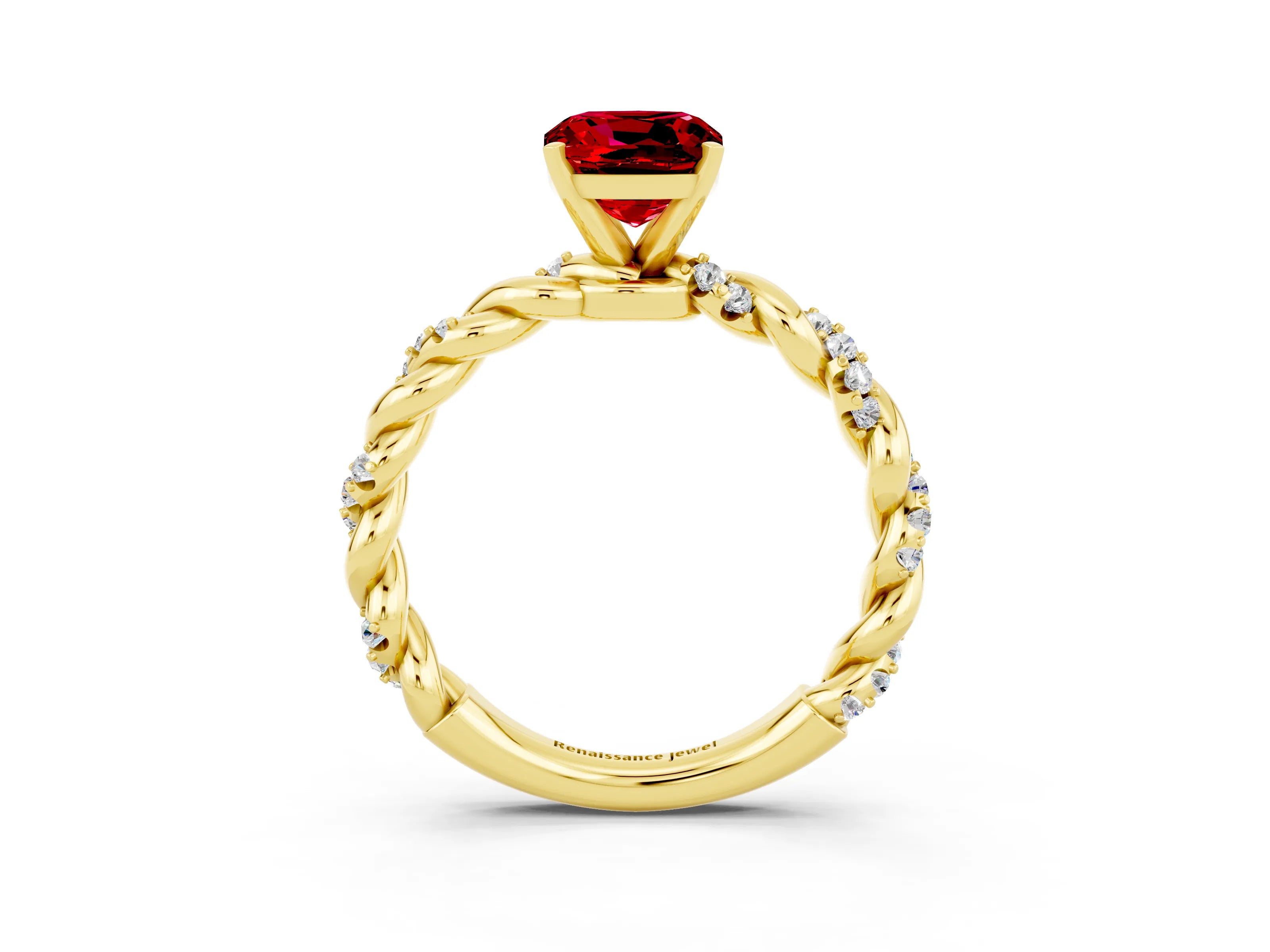 Yellow gold Cushion Cut Ruby Solitaire Ring with Twisted Band and Pavé Accents_3