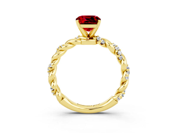 Yellow gold Cushion Cut Ruby Solitaire Ring with Twisted Band and Pavé Accents