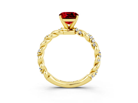 Yellow gold Cushion Cut Ruby Solitaire Ring with Twisted Band and Pavé Accents_3