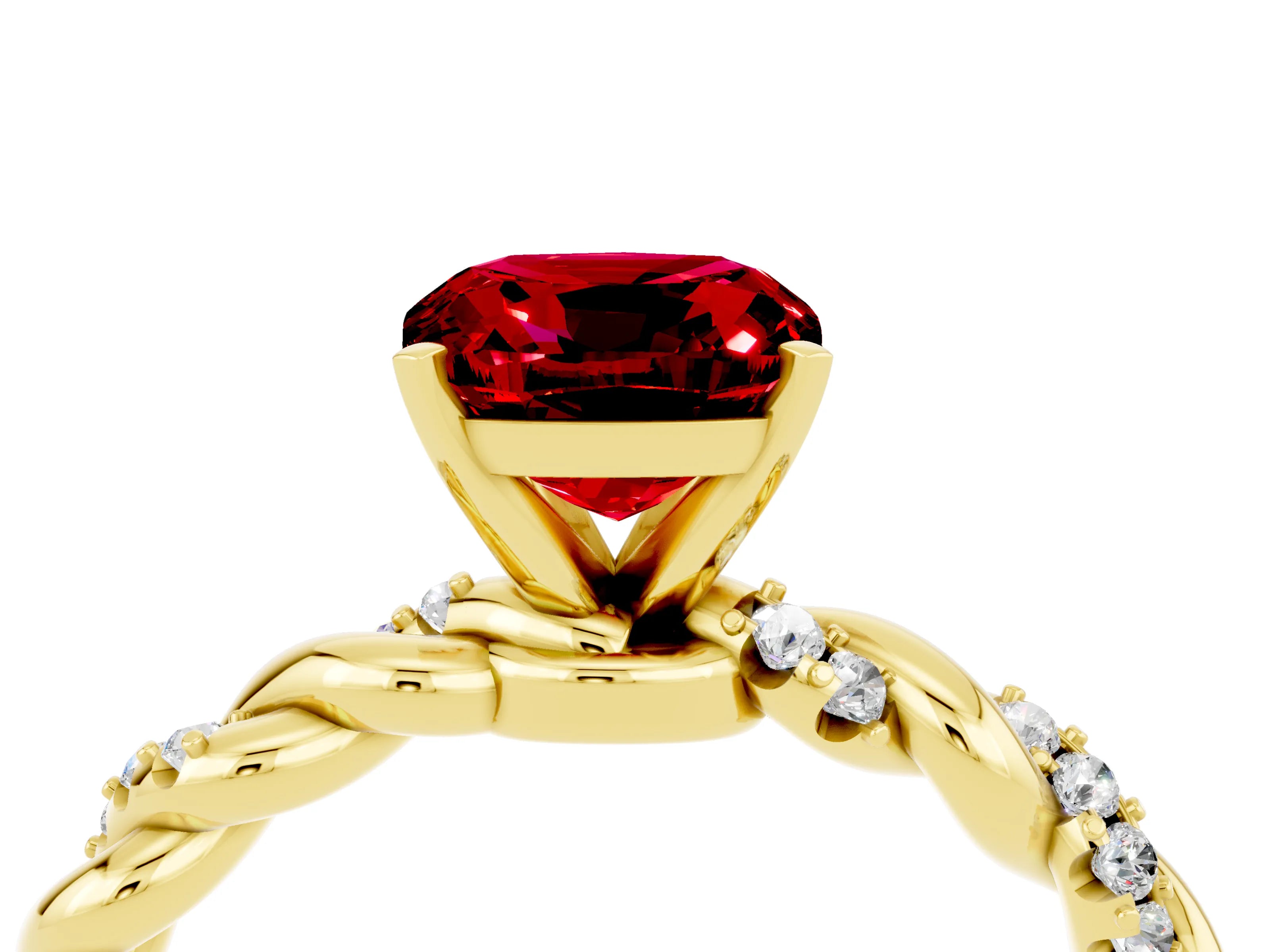 Yellow gold Cushion Cut Ruby Solitaire Ring with Twisted Band and Pavé Accents_4