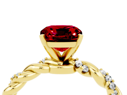 Yellow gold Cushion Cut Ruby Solitaire Ring with Twisted Band and Pavé Accents_4