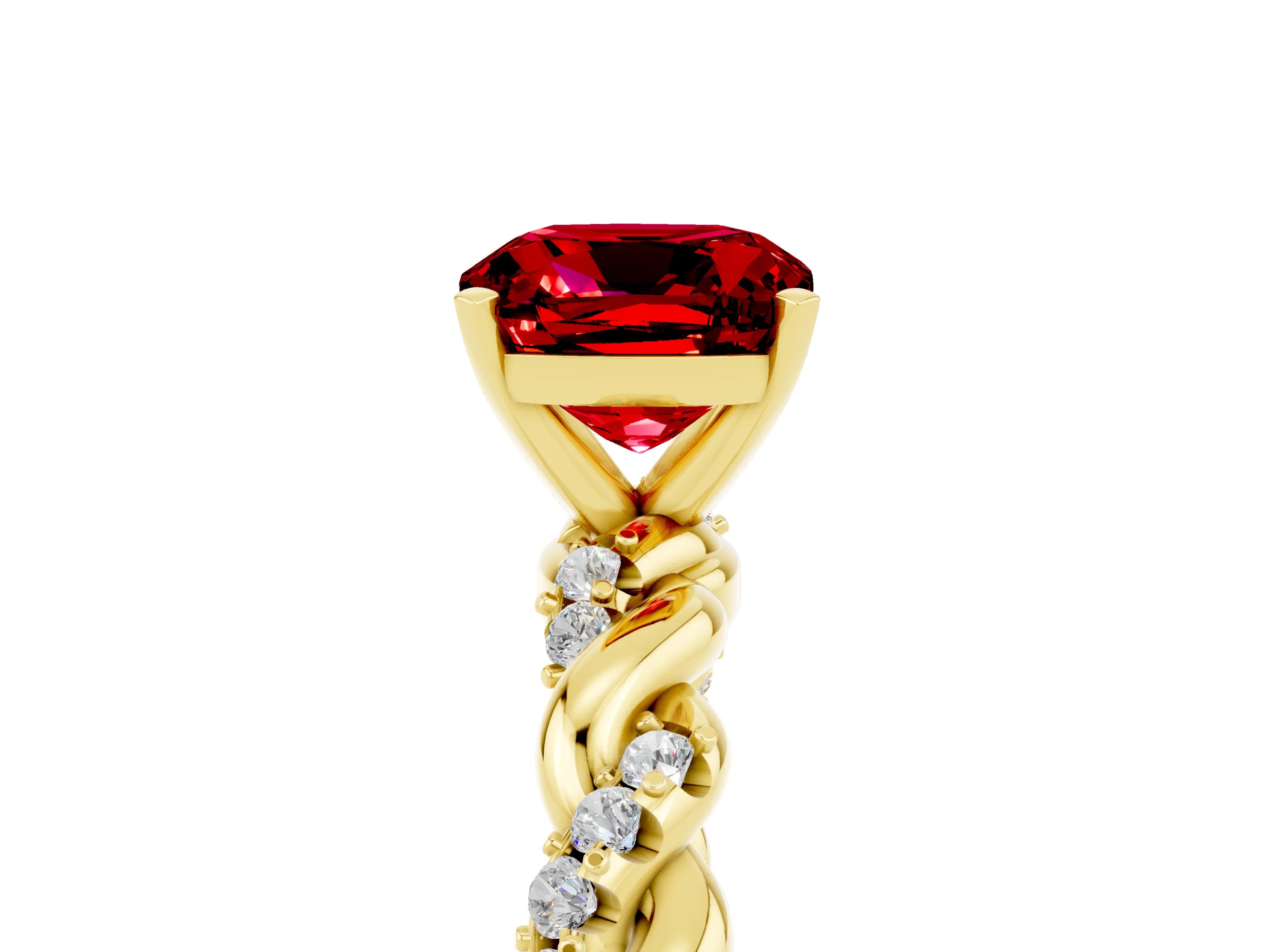 Yellow gold Cushion Cut Ruby Solitaire Ring with Twisted Band and Pavé Accents_5