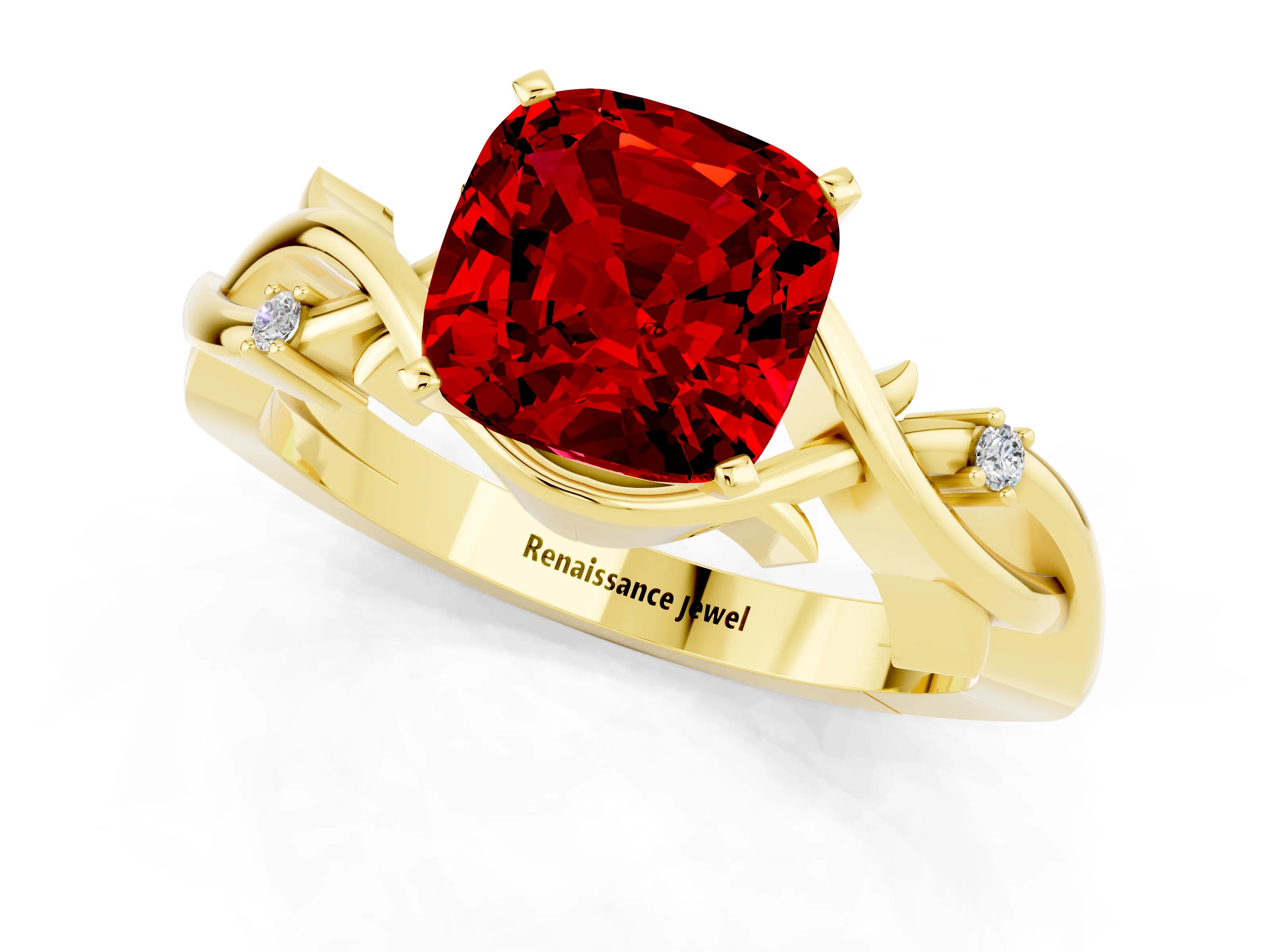 Yellow gold Cushion Cut Ruby Solitaire Ring with Twisted Band and Prong Setting_1