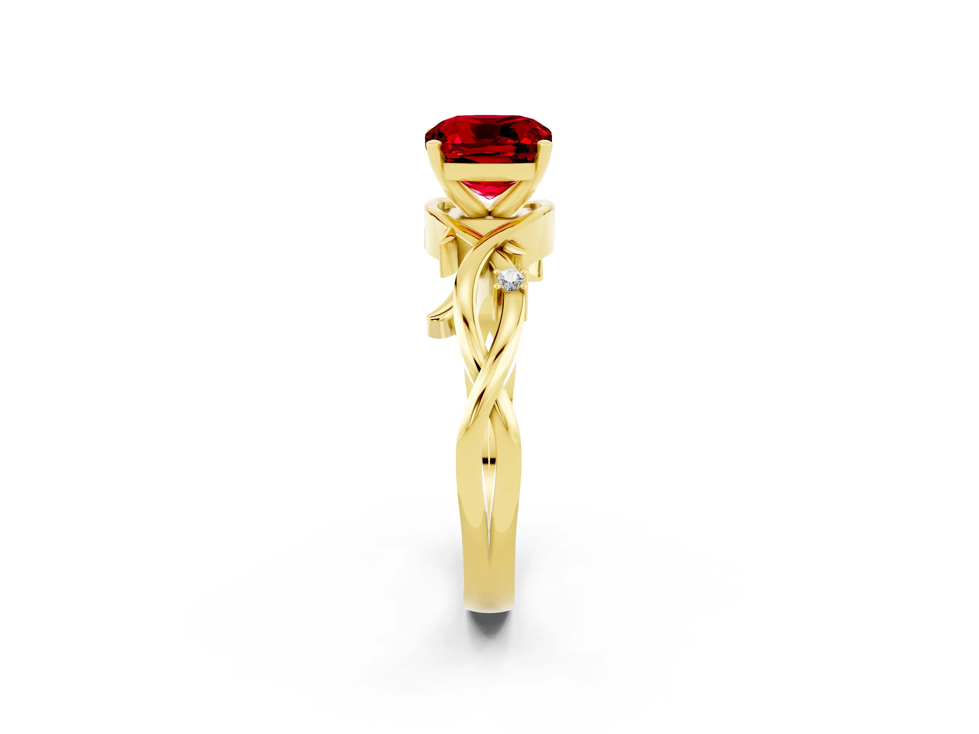 Yellow gold Cushion Cut Ruby Solitaire Ring with Twisted Band and Prong Setting_2