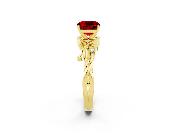 Yellow gold Cushion Cut Ruby Solitaire Ring with Twisted Band and Prong Setting