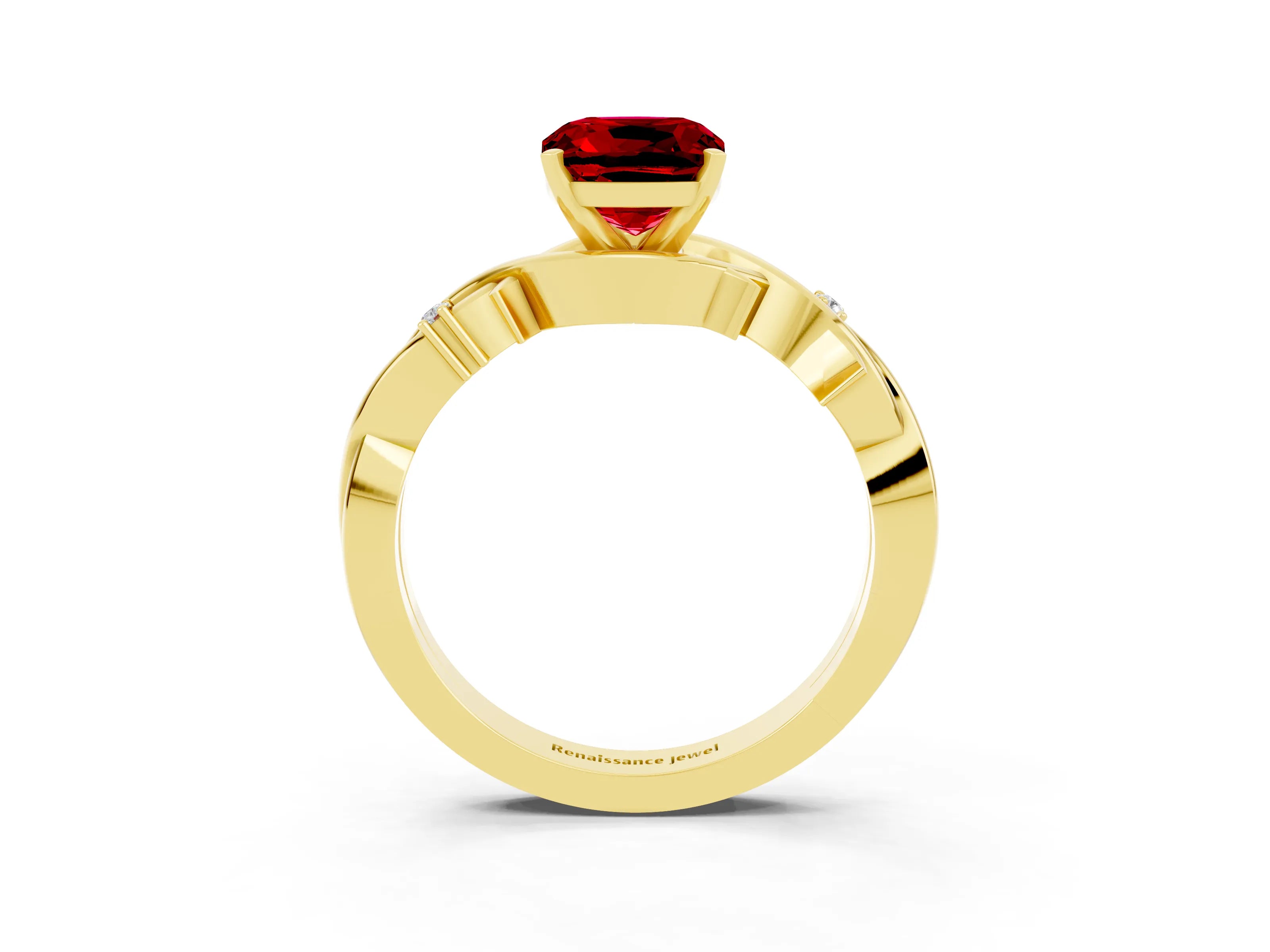 Yellow gold Cushion Cut Ruby Solitaire Ring with Twisted Band and Prong Setting_3