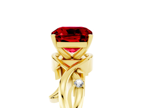 Yellow gold Cushion Cut Ruby Solitaire Ring with Twisted Band and Prong Setting_5